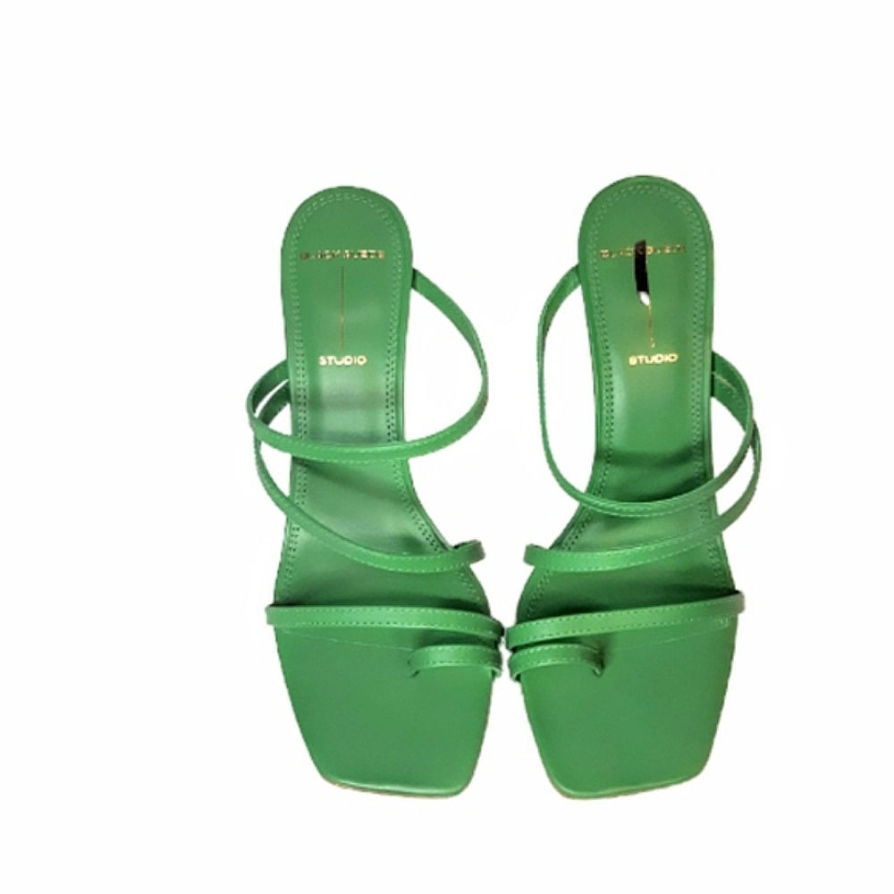 Black Suede Studio Cindy Stiletto Strappy  Mule Sandal Green Leather Toe Loop - Picture 5 of 10